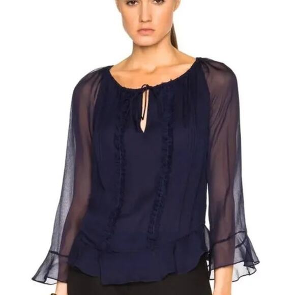 Diane von Furstenberg silk blouse Simonia Womens size 2 navy ruffled chiffon top - Picture 1 of 14